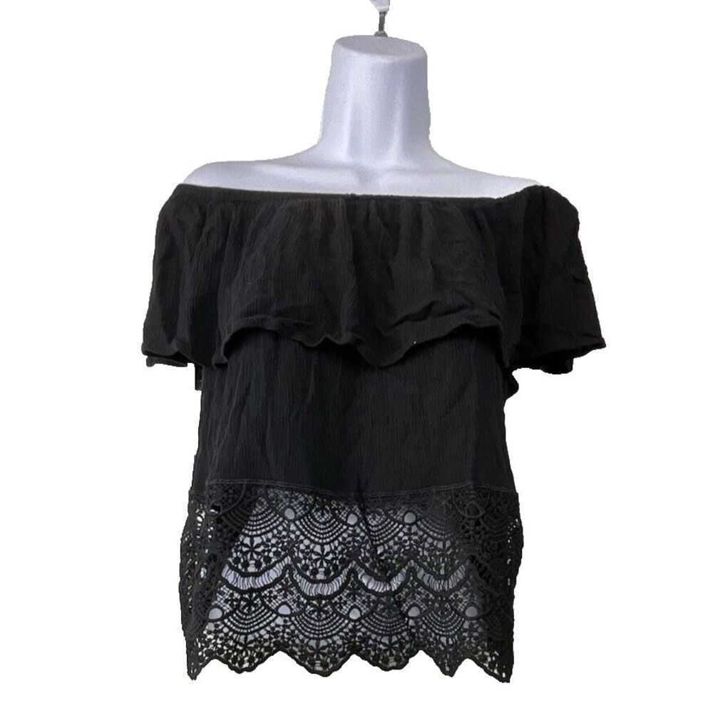 Womens Crochet Lace Top Size‎ S Cropped Ruffle Whimsigoth Coquette Fairy Grunge